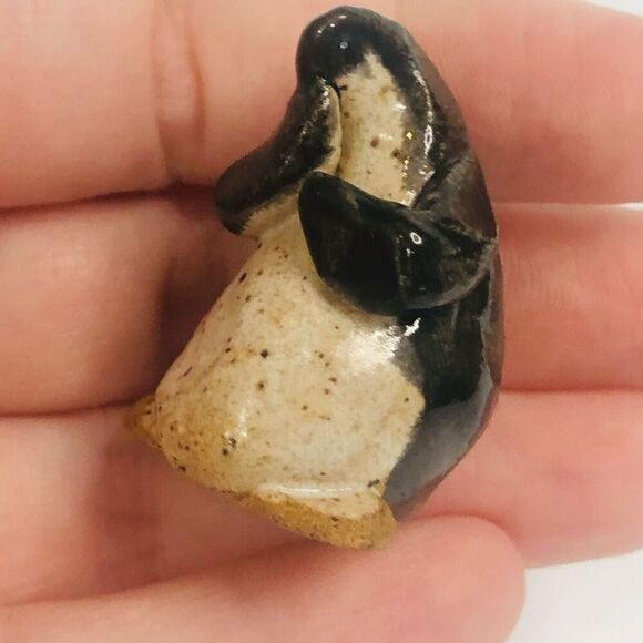 handmade handcrafted clay pottery penguins brown and black glazed 2.5 3 inch - Picture 11 of 12